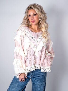 POL- NEW- Soft Blush Ruffle Knit Top with Cream Lace Trim
